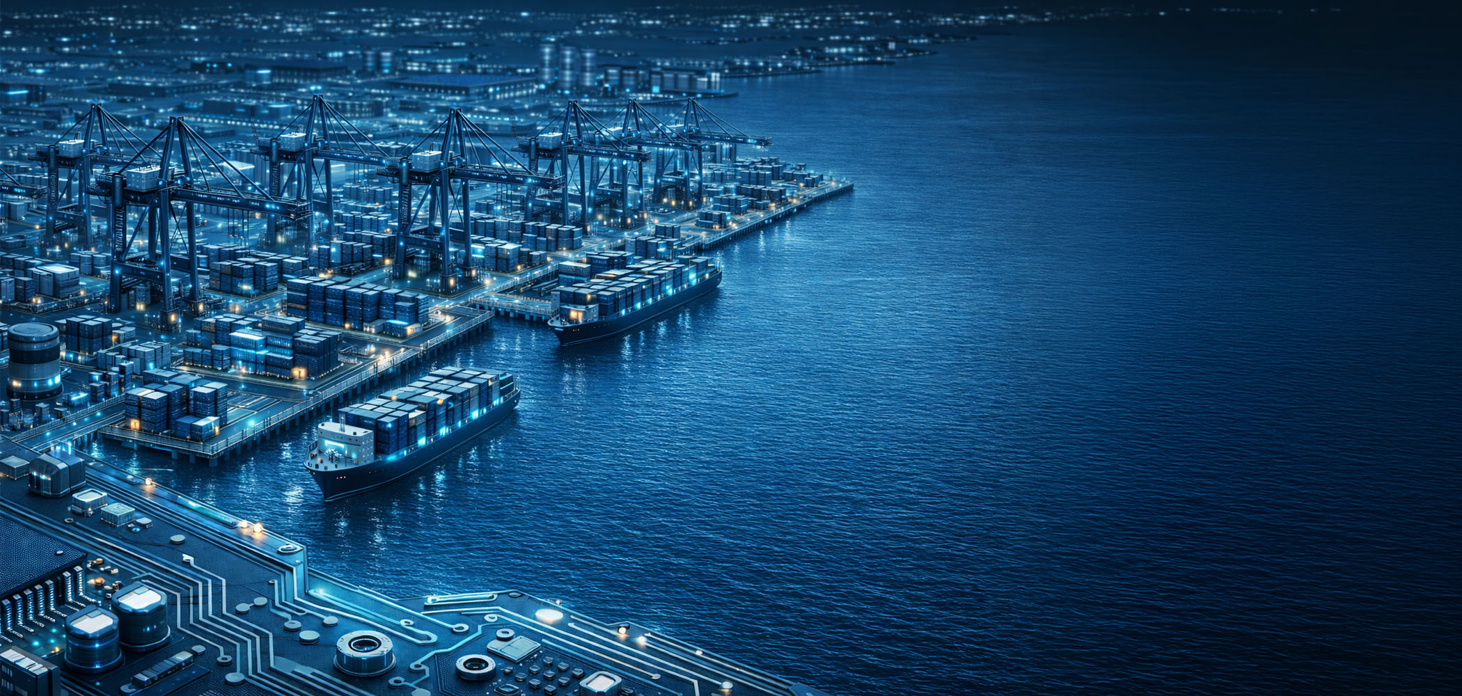 The electrified shipping port of the future at night