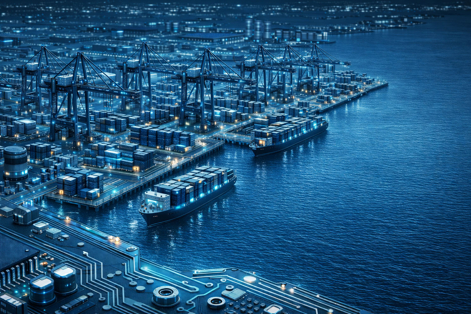 The electrified shipping port of the future at night